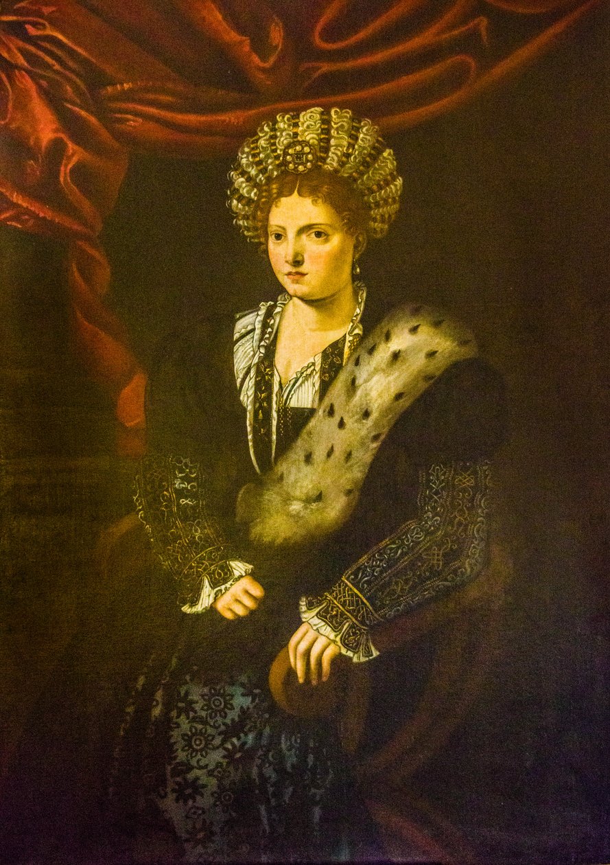 Isabella d'Este'nin yağlı boya tablosu, Tiziano Vecellio'nun kopyası, yakl. 1630, Palazzo Ducale, Kraliyet Sarayı, San Giorgio Kalesi, Mantua, Lombardiya, İtalya, Avrupa (fotoğraf) by Unbekannter Künstler