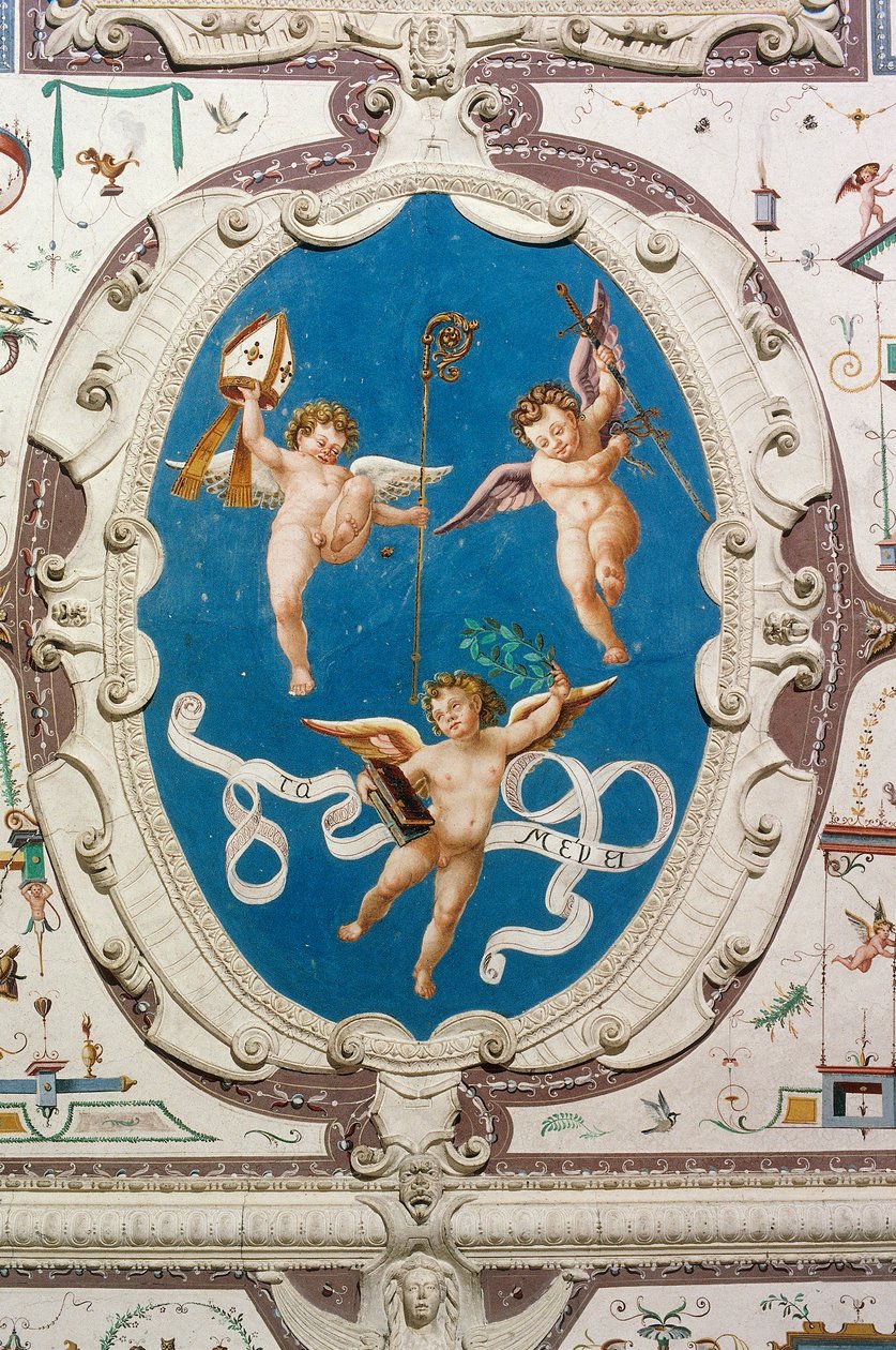Üç putti (1560) gösteren oval, Grotesk Salonunun tavanının detayı, Della Manta Kalesi, Manta (Cuneo), Piedmont, İtalya by William M. Timlin