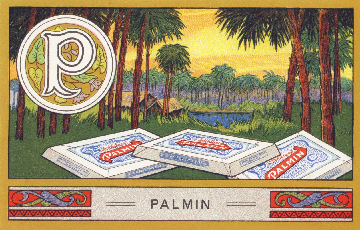 P: Palmin - Alfabe Palmin. H. Schlinck & Cie, Hamburg, s. d. . Palmin feinstes Cocosfett için reklam. Boyutlar: 7 x 11 cm by William M. Timlin