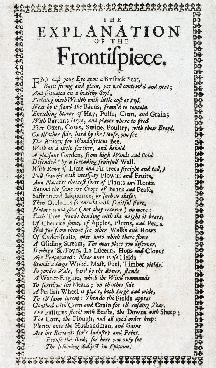 1697'de Londra'da yayınlanan John Worlidge (aktif 1669-1698) tarafından 'Systema agriculturae: Keşfedilen hayvancılığın gizemi' kitabının 4. baskısının şiir biçiminde başlık sayfası ve açıklaması by Unbekannt