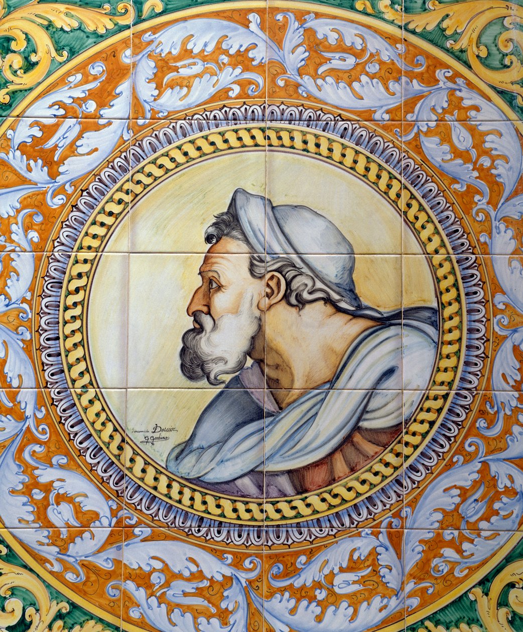 Ceramiche Desuir, Santo Stefano di Camastra, Sicilya, İtalya, Detay tarafından yapılan Michelangelo tarzında yaşlı adamın kafasını tasvir eden boyalı maiolica paneli by William M. Timlin