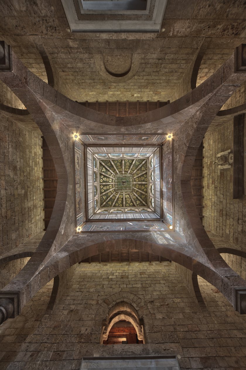 Palermo, Kraliyet Sarayı veya Palazzo dei Normanni (Normanların Sarayı), Joharia Kulesi, Rüzgar Odası: merkezinde Rüzgar Gülü (Pusula Gülü) bulunan ahşap tepe noktası Zenithal görünümü by Unbekannter Künstler