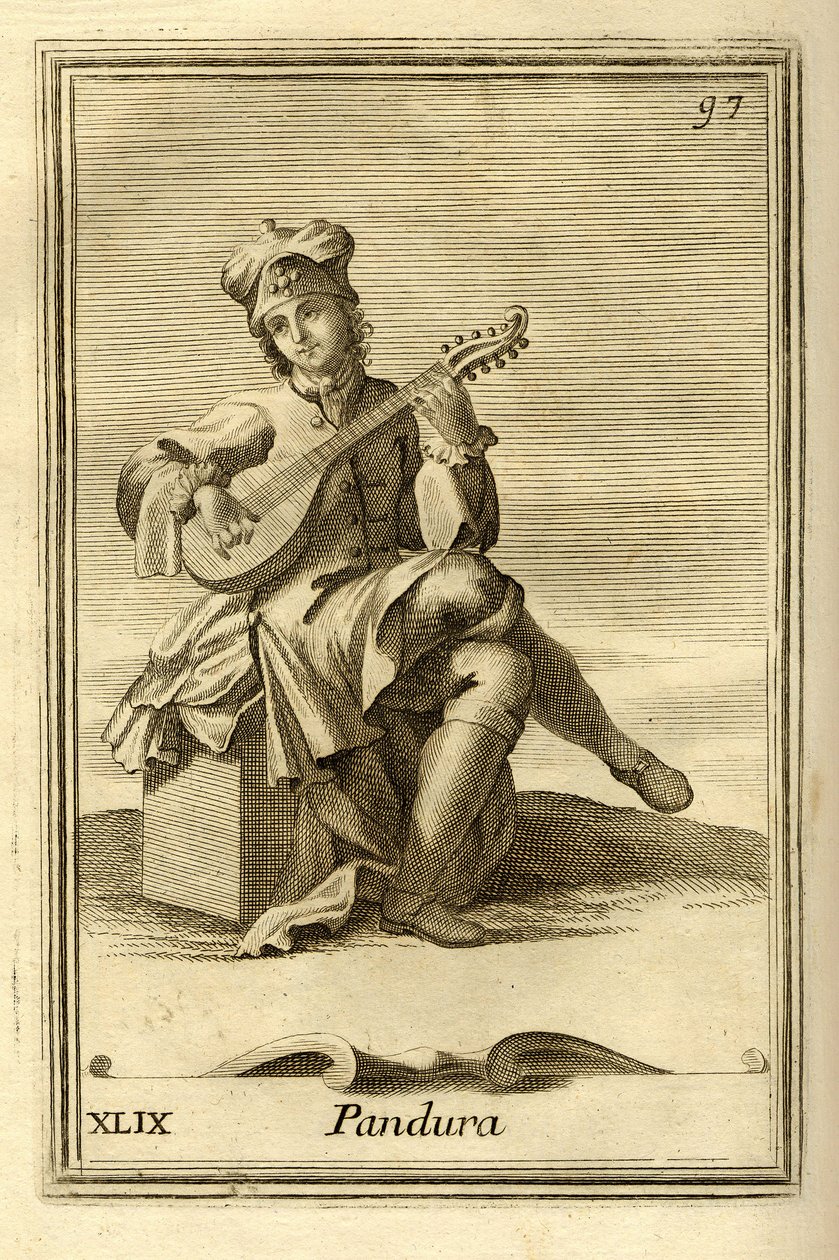 Mandolinin atası olan Bizans kökenli Pandura yaylı çalgısı. Filippo Bonanni