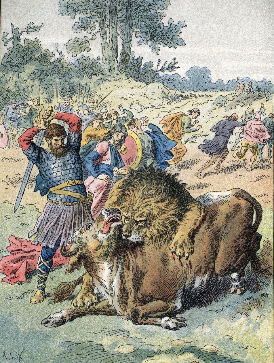 Pepin the Brief, cesaretini kanıtlamak için Champ de Mars'ta bir aslan ve bir boğayla dövüşüyor (751) by Unbekannter Künstler
