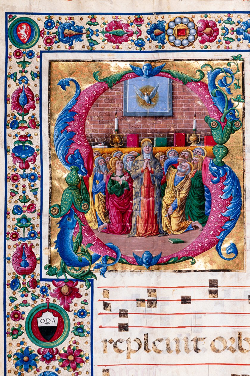 Piccolomini Kütüphanesi: koro kitabı, morina. 23.8, ff. 100v, Girolamo da Cremona tarafından “Pentecost” ile. Detay. by Unbekannter Künstler