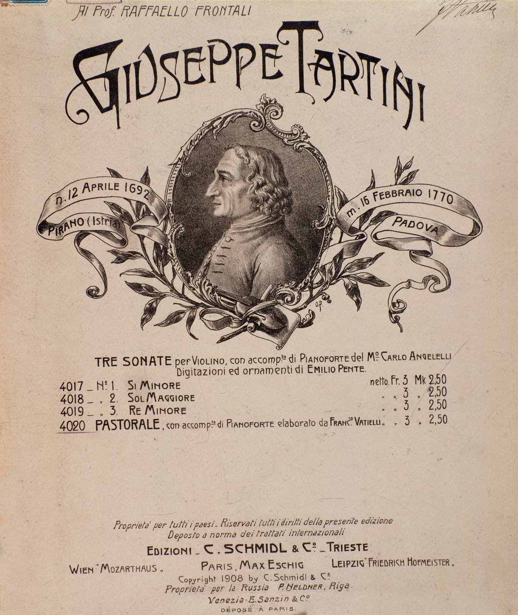 Giuseppe Tartini'nin portresi. Sonatların müzik notalarının ön yüzü by Unbekannter Künstler
