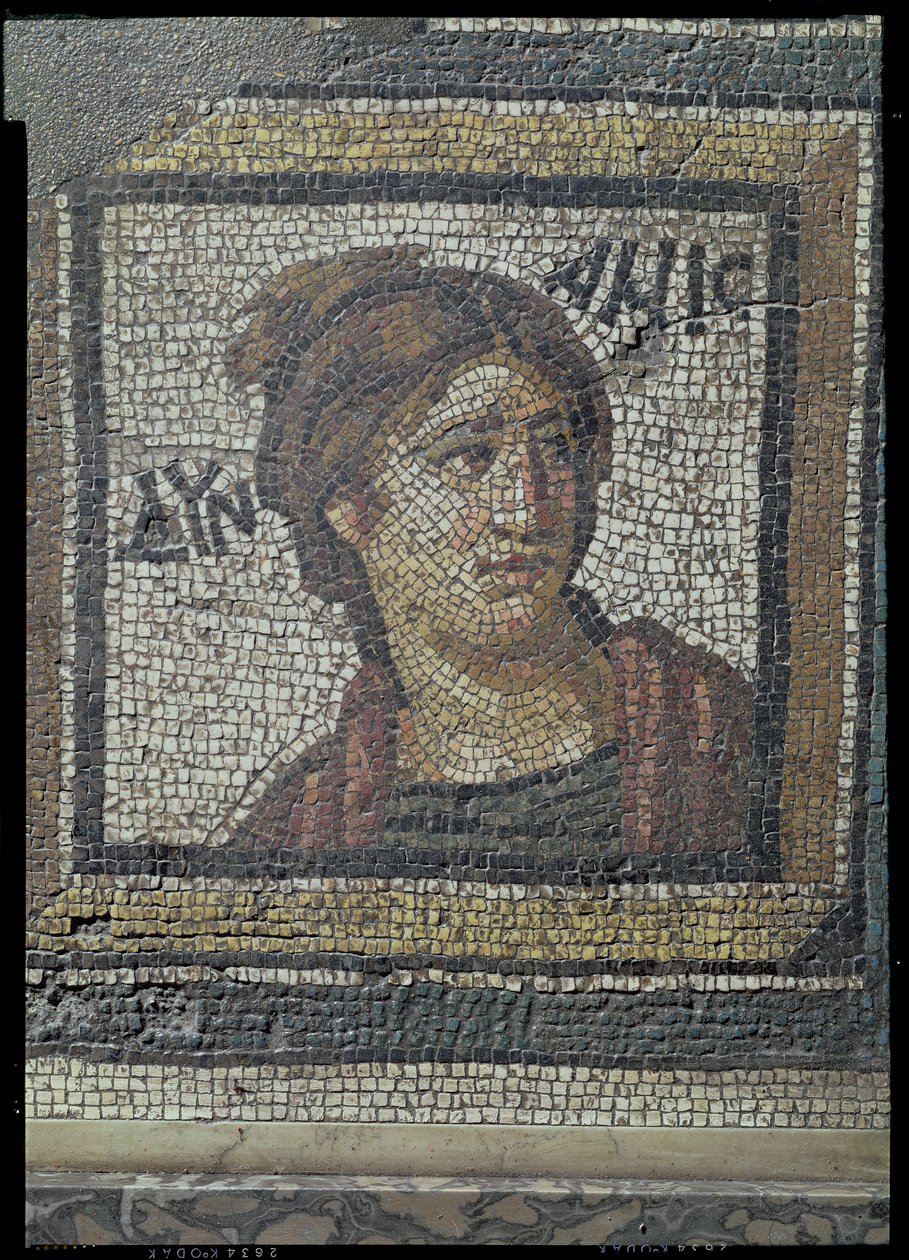 Daphne'deki Konstantin Villası'ndan mevsimleri ve av sahnelerini gösteren bir mozaik döşemenin detayı, bir kadın portresi, Roma, MS 325-330 (mermer, kireçtaşı ve cam mozaik) by Unbekannt