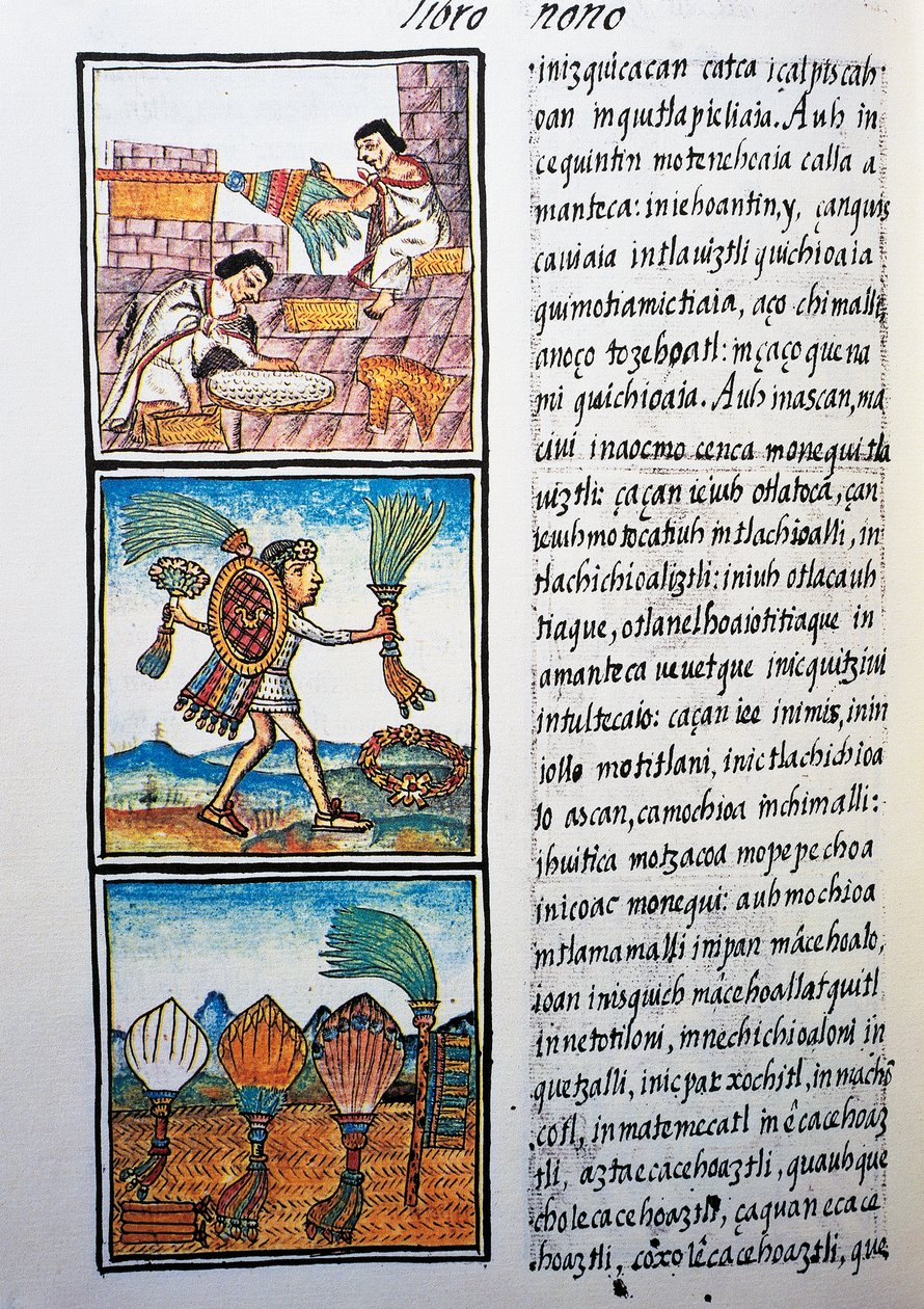 Tüylerin işlenmesi, Nahuati dilinde metin, Bernardino de Sahagun tarafından Florentine Codex olarak da bilinen Yeni İspanya