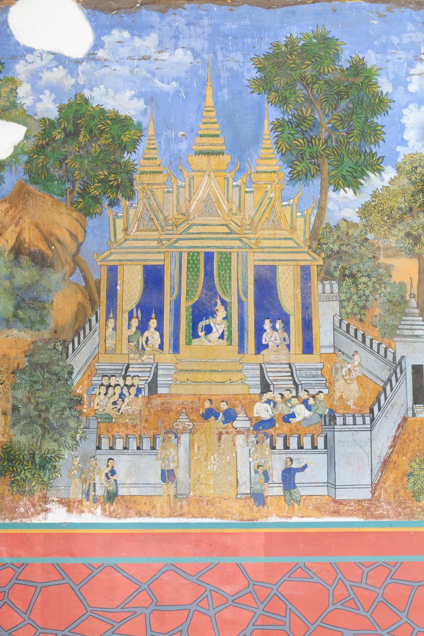 Kamboçya, Phnom Penh'deki kraliyet sarayı kompleksinin duvarlarını süsleyen Reamker freskleri (fotoğraf) by Unbekannter Künstler
