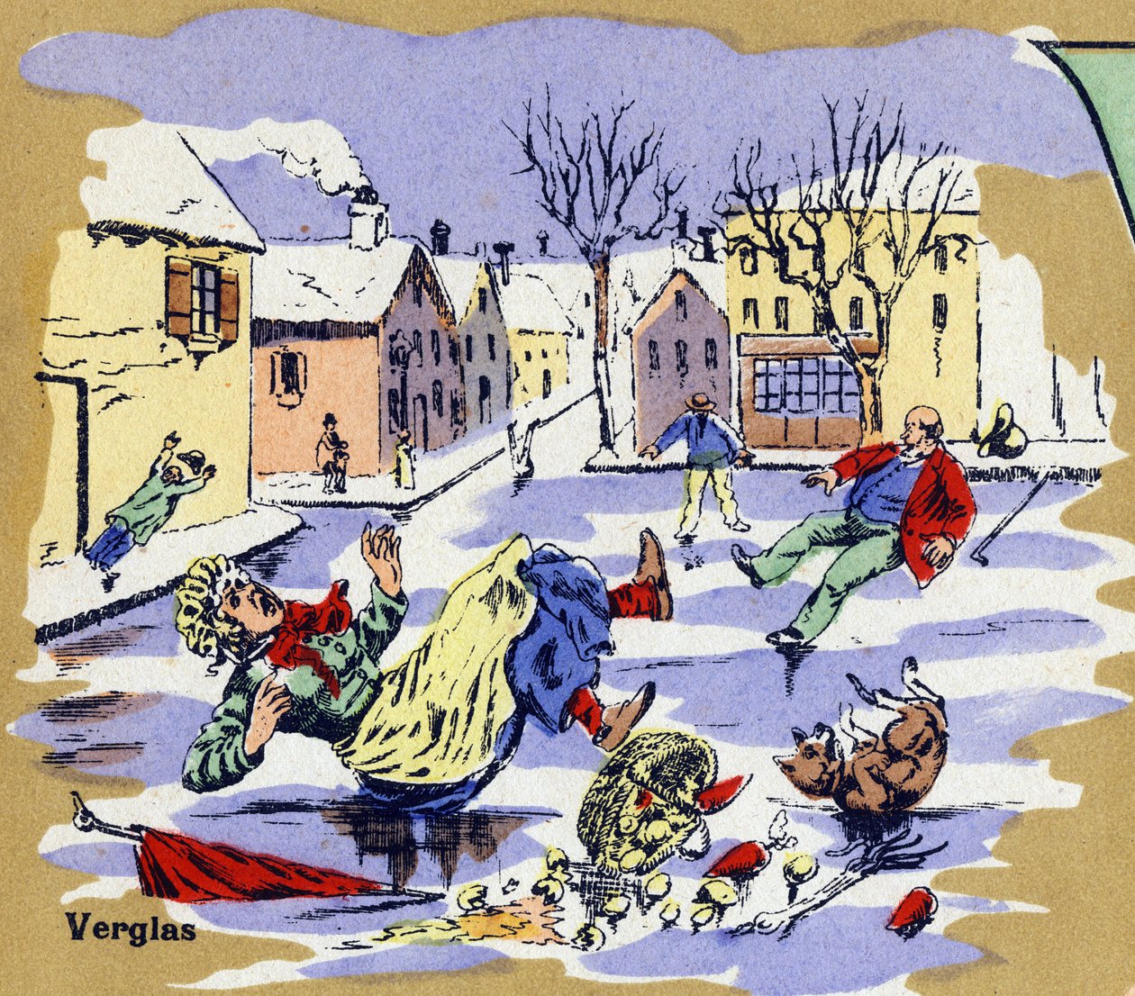 Kışın buzda kayan bir köyün sakinleri. Resimli alfabe. Görüntüler 20. yüzyılın başında Jarville-Nancy'de yeniden bir araya geldi. Karartma: 40 x 29 cm. Bistre zemin üzerine litografi by Unbekannt