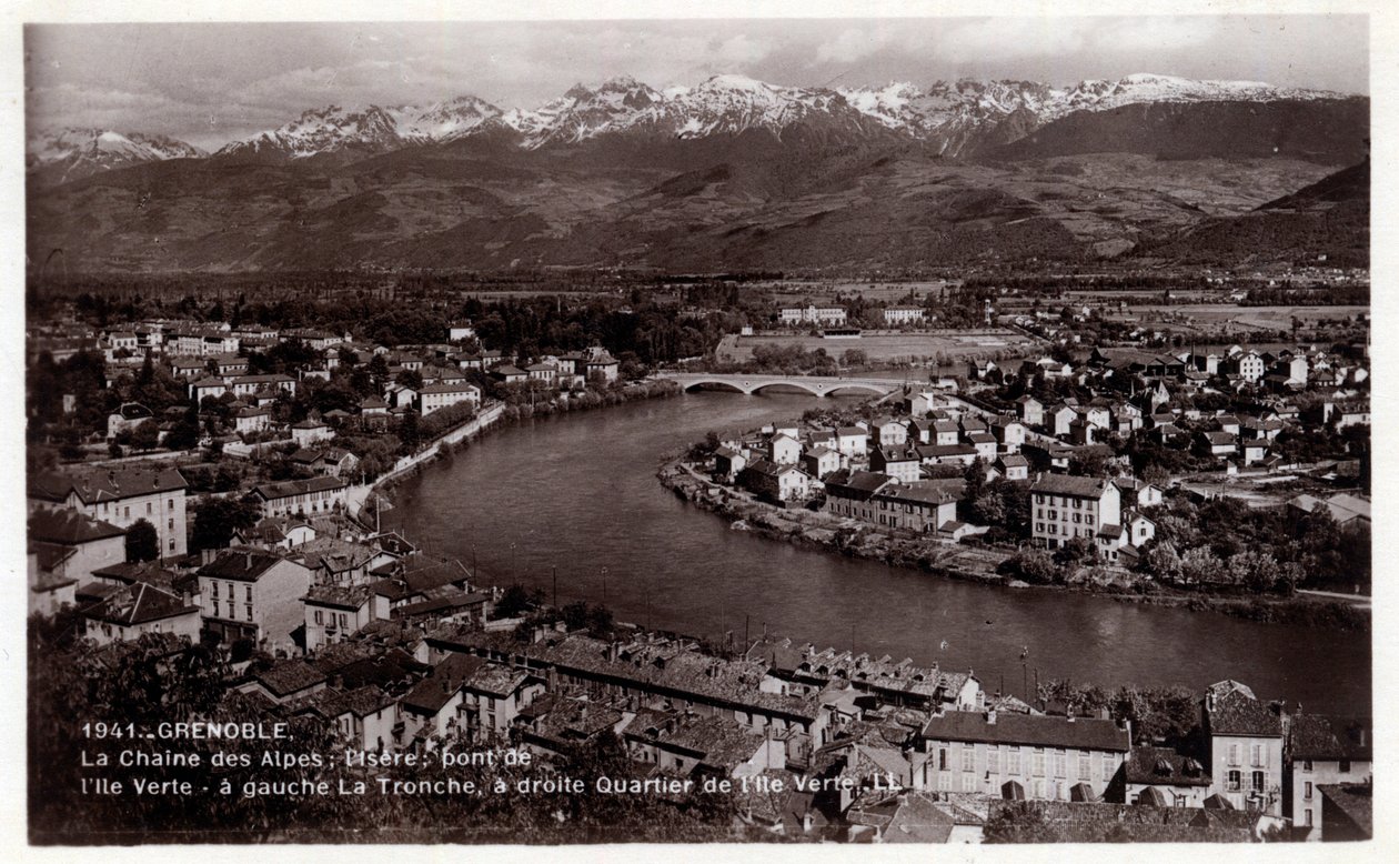 Rhone Alpes, Isere (38), Grenoble: Alpler zinciri, Isere, Ile Verte köprüsü, solda La Tronche, sağda Ile Verte bölgesi - 1930-1939 tarihli kartpostal by William M. Timlin