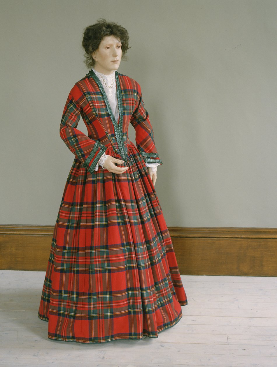 Dantelli ipek süslemeli Royal Stewart ekose yün elbise, c.1845-50 by Unbekannt