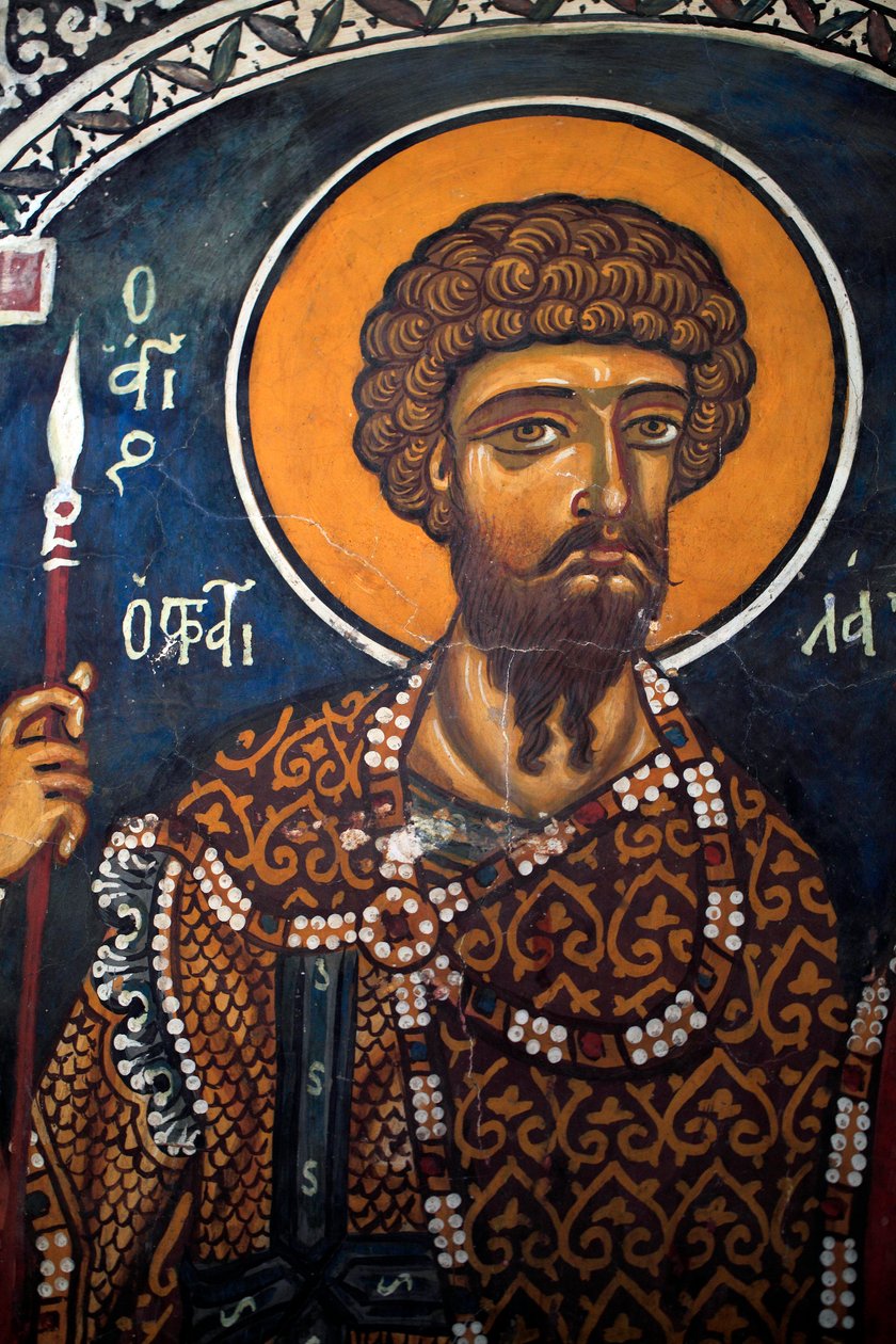 Aziz Theodore Stratelates: 14. Yüzyıldan kalma Bizans freski (1332) Phorbiotissa Bakire kilisesi, Asinou Kıbrıs Boyalı kiliseler UNESCO sitesi Troodos, Kıbrıs by Unbekannt