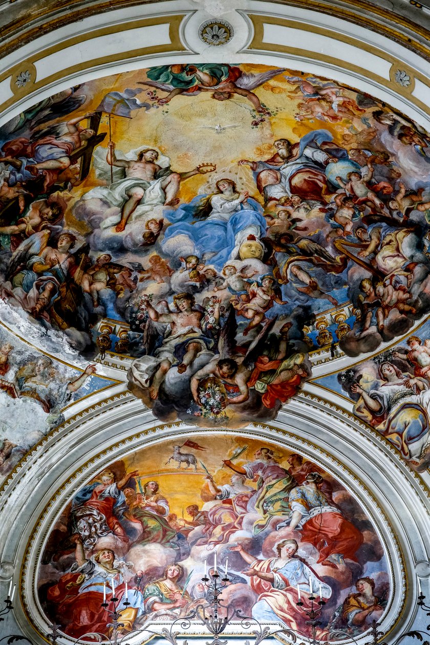 San Benedetto (St Benedict) kilisesi, Katanya, Sicilya (İtalya). Mary'nin taç giyme törenini gösteren tavan fresk detayı (18. yüzyıl). (Fotoğraf) by Unbekannt