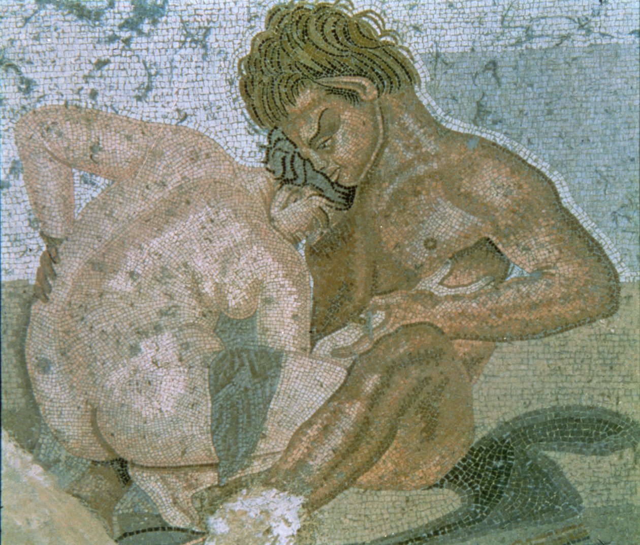 Satyr ve Maenad, Faun Evi'nden bir mozaiğin detayı by Unbekannter Künstler