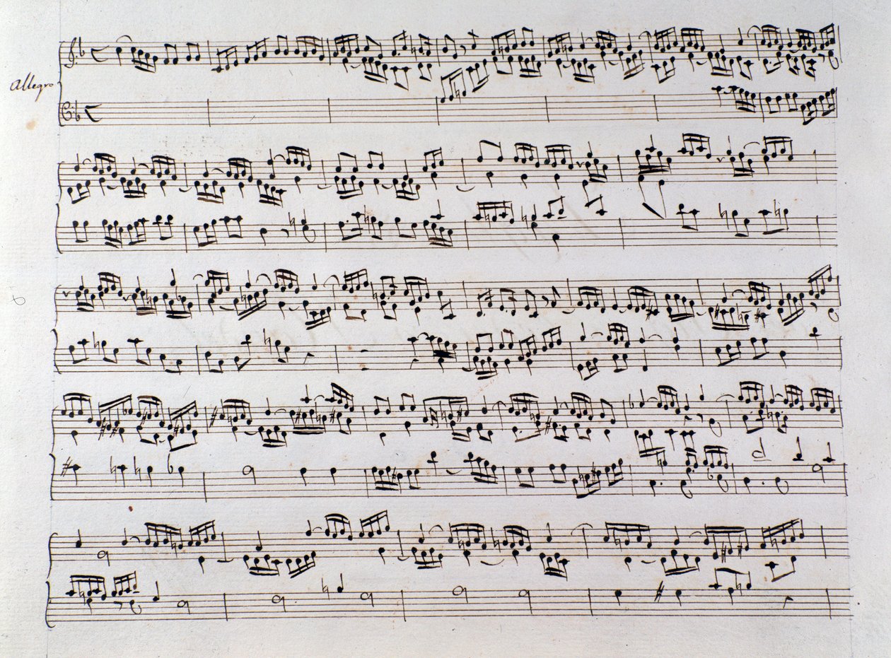 Domenico Scarlatti ve Friedrich Handel tarafından iki eser içeren bir el yazmasından Handel'in Füg için notalar sayfası by Unbekannter Künstler