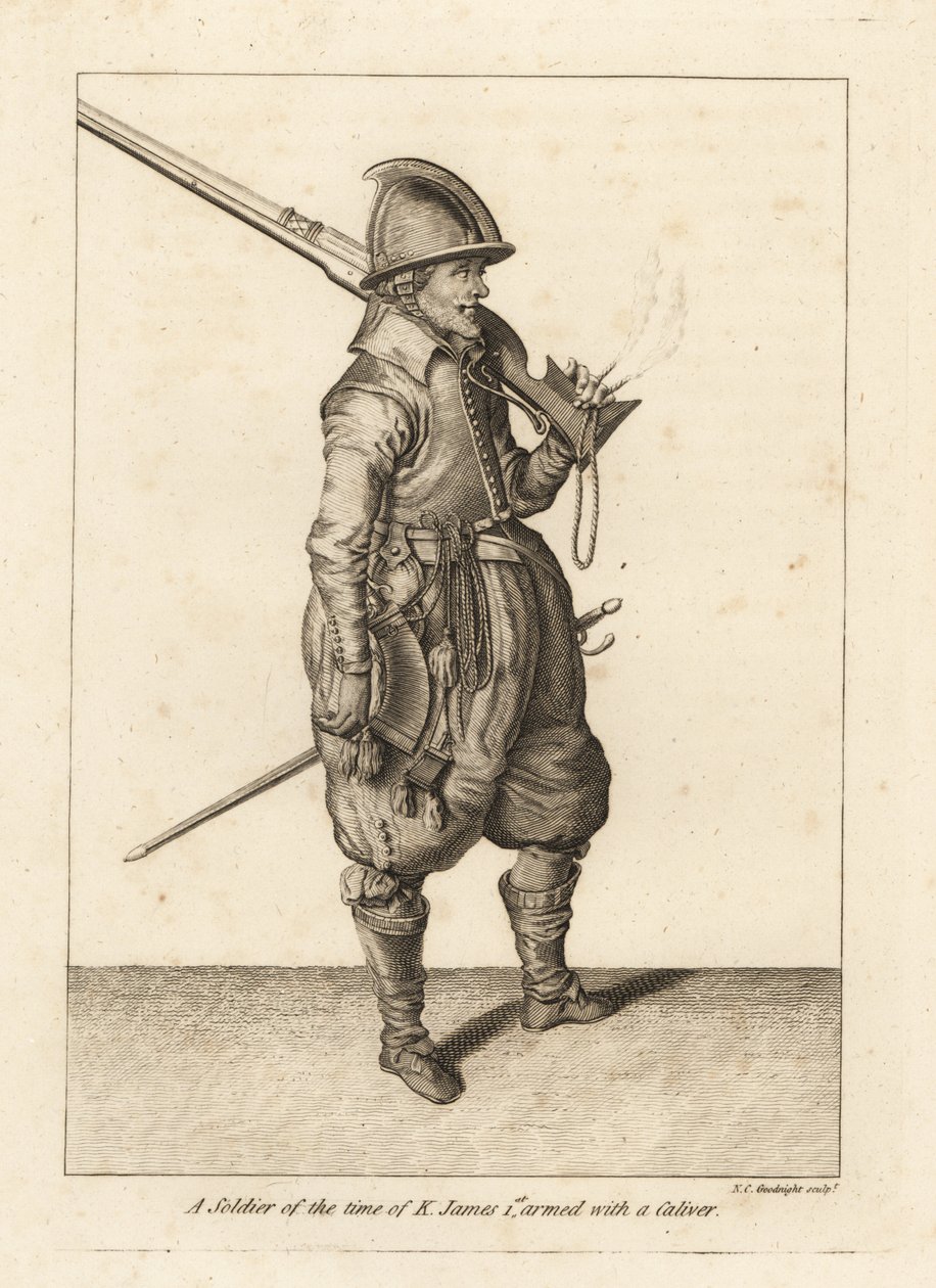 Bir kalibre veya arquebus ile silahlanmış Kral I. James zamanının askeri by Unbekannt