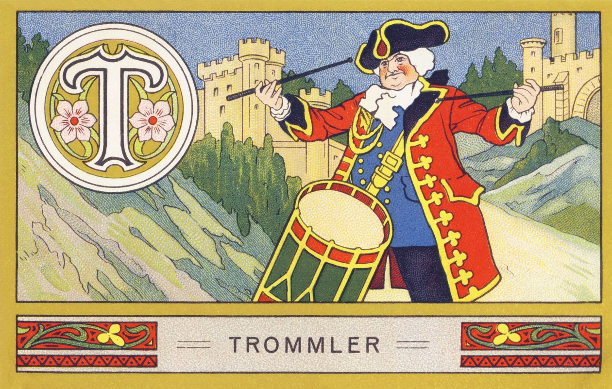 T : Davulcu - Alfabe Palmin. Düzenleyen kromolitograf serisi H. Schlinck & Cie, Hamburg, s.d. . Publicite Palmin en iyi hindistancevizi yağını dökün. Boyutlar : 7 x 11 cm by William M. Timlin
