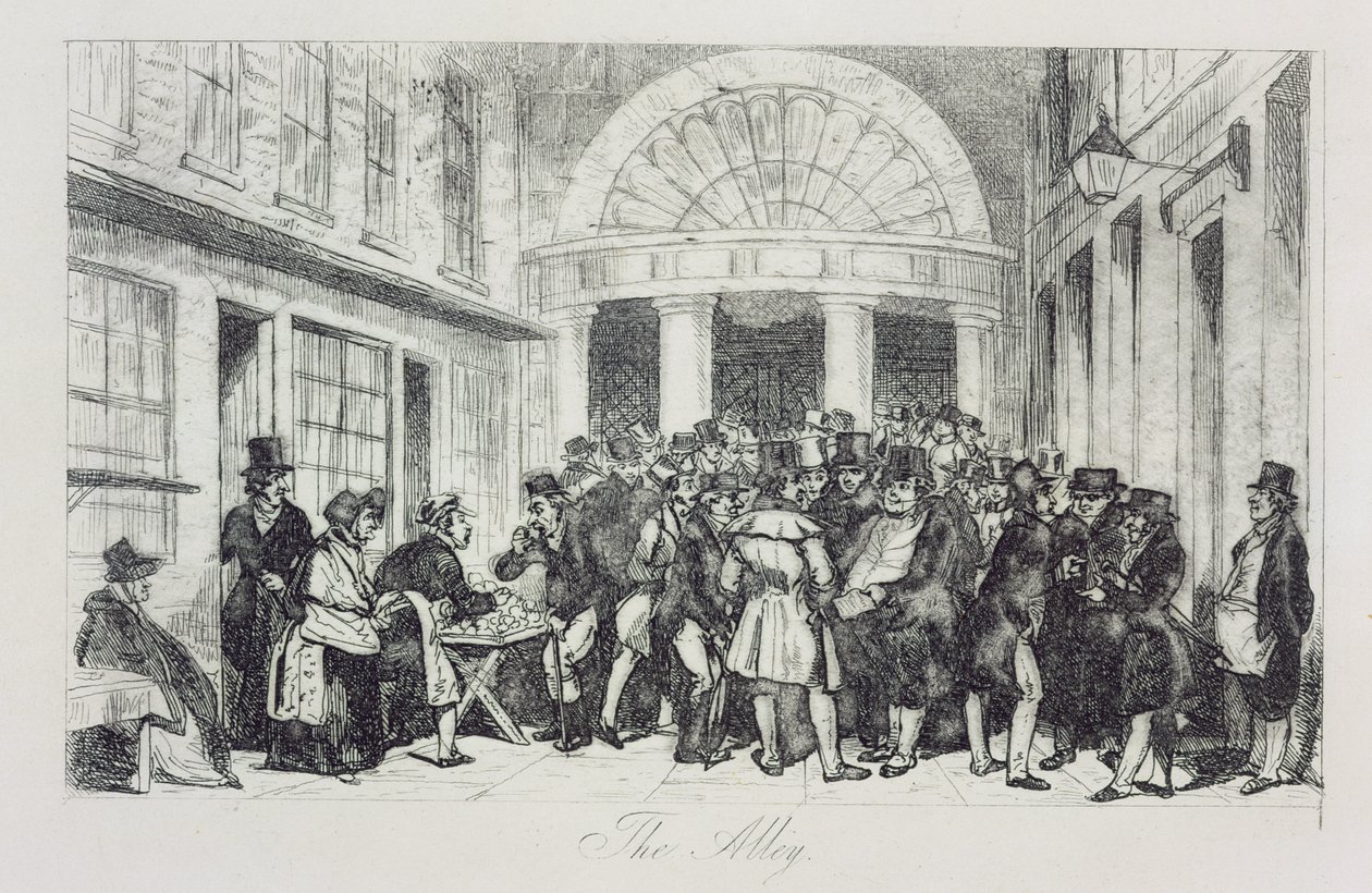'The Alley', Londra Menkul Kıymetler Borsası girişinde Bun Seller, Capel Court, c.1850 (gravür) by Unbekannt