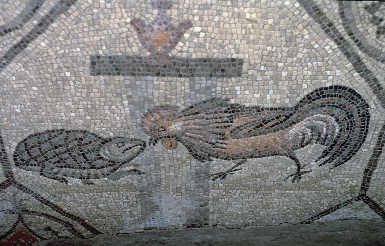 Horoz ve Kaplumbağa, Hıristiyan resimleri ve pagan sembollerini betimleyen dekoratif bir kaldırımdan detay, MS 313 dolayları (mozaik) by Unbekannt