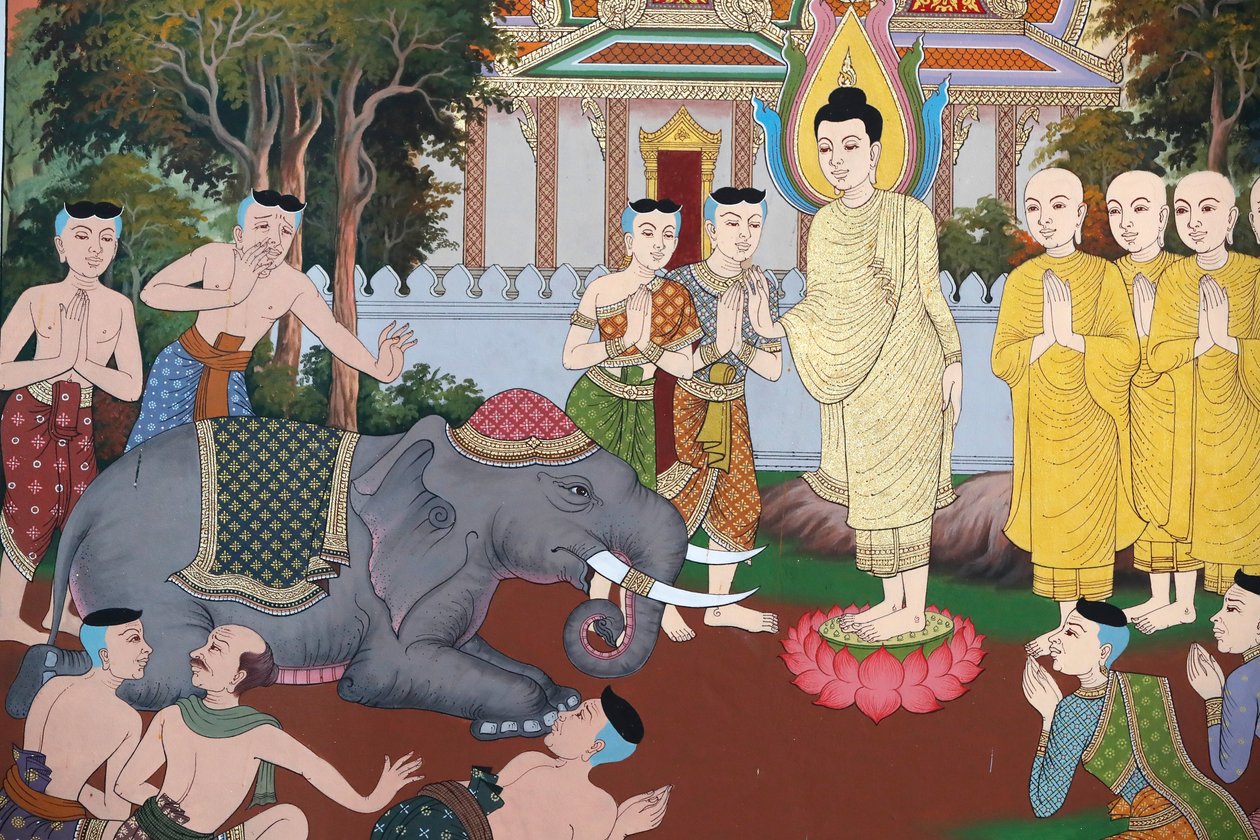 Buddha'nın Hayatı, Sevgi dolu nezaketle evcilleştirilmiş vahşi bir fil, Duvar freski, Wat Maniratanaram manastırı, Phnom Penh, 2022 (fotoğraf) by Unbekannter Künstler