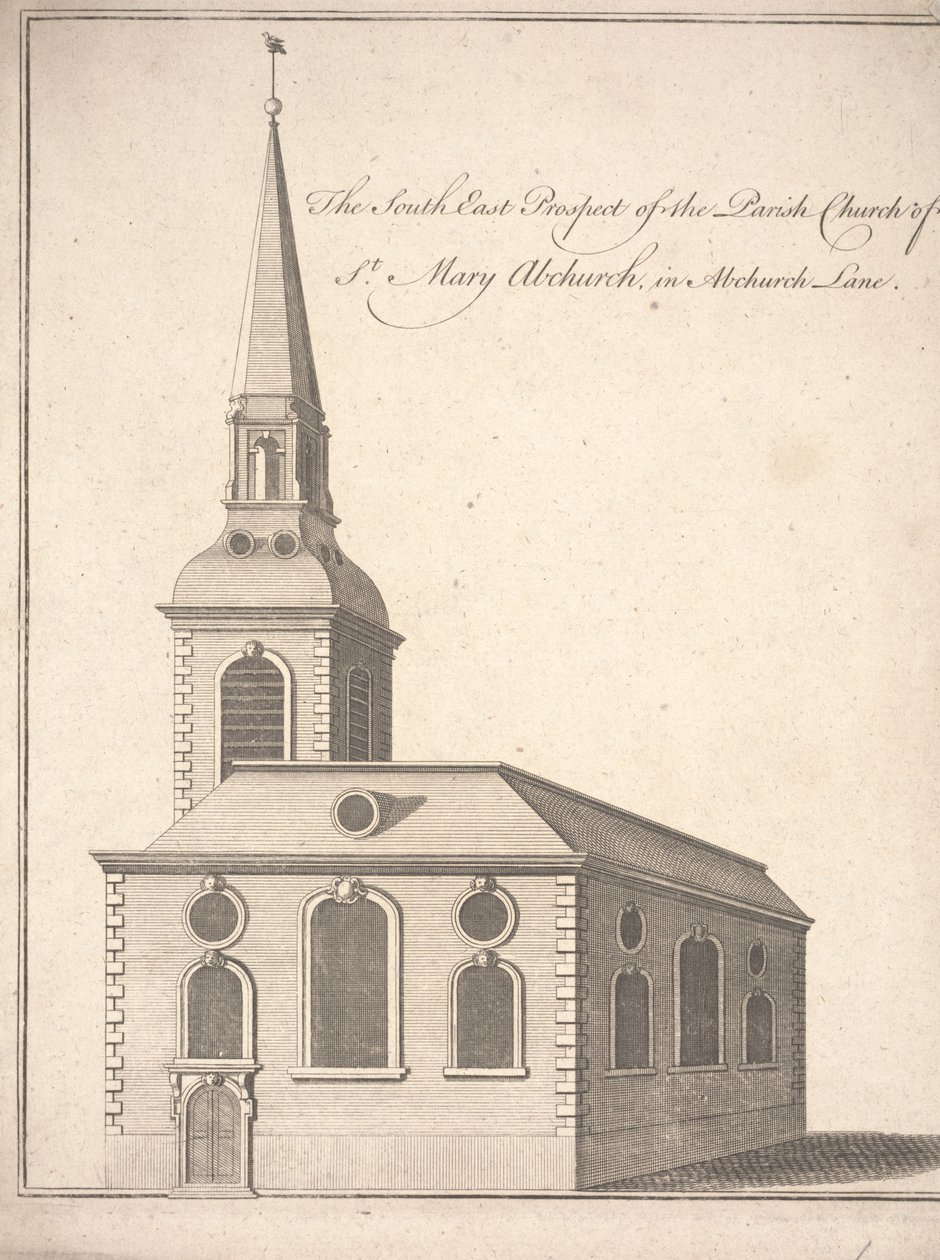 Abchurch Lane'deki St. Mary Abchurch Bölge Kilisesi'nin Güney Doğu Görünümü, c.1740 (gravür) by Unbekannter Künstler