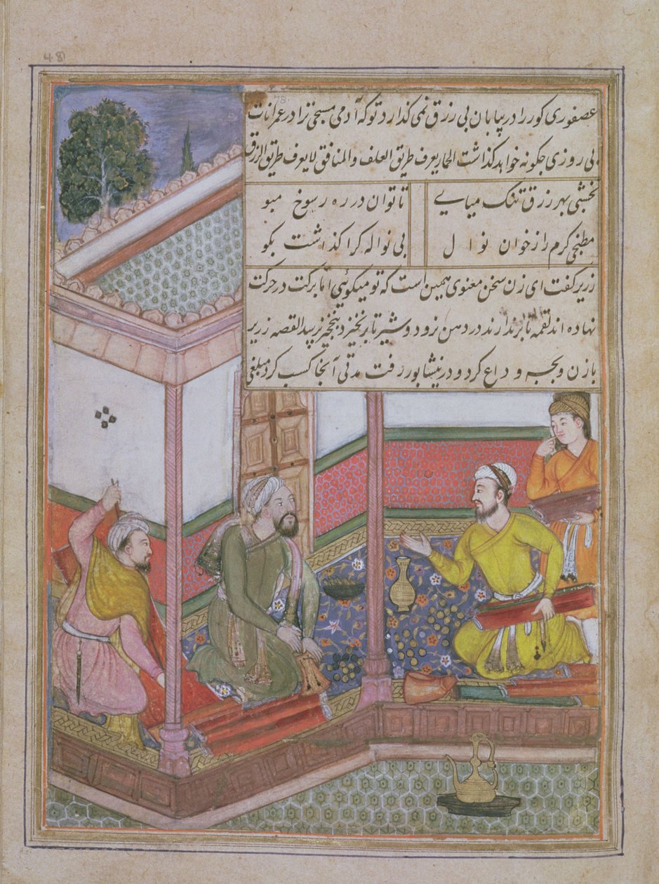 Yirmi Yedinci Gece: Zarir ve diğer iki dokumacı, elinde çantası olan bir adama kumaş satıyor, Tuti Nama (Tutinam) c.1580 (parşömen) by Unbekannt