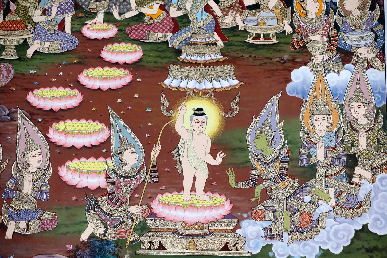 Bebek Siddhartha'nın doğumu, Duvar freski, Wat Maniratanaram manastırı, Phnom Penh, 2022 (fotoğraf) by Unbekannter Künstler