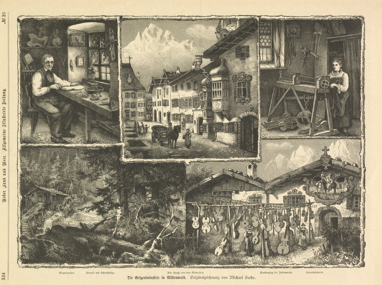 Mittenwald, Stuttgart 1882'deki keman endüstrisi (gravür) by Unbekannter Künstler
