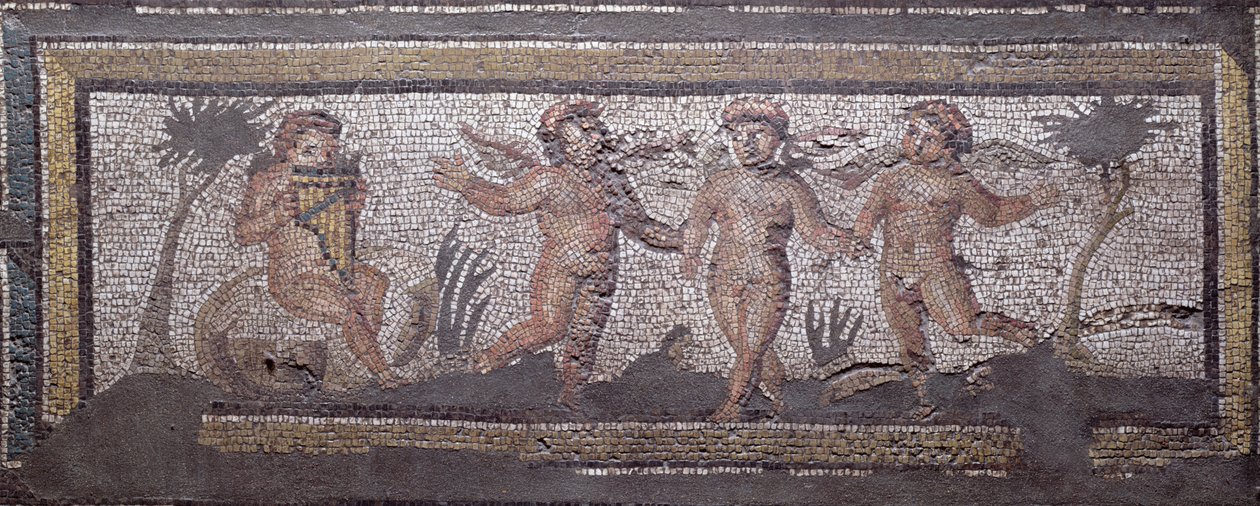 Birinin tava borularını çaldığı üç dans eden putti, Daphne