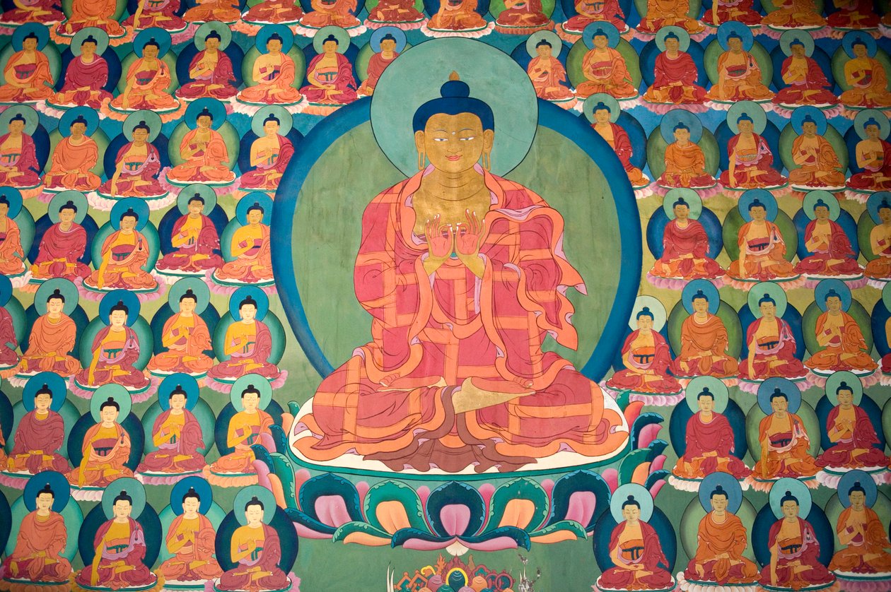 Tibet Budizmi; duvar boyama; meditasyon yapan Buda; birçok küçük Buda; Chemre Gompa Manastırı; Chemrey; Ladakh bölgesi; Jammu ve Keşmir; Hindistan; Güney Asya; Asya by Unbekannt