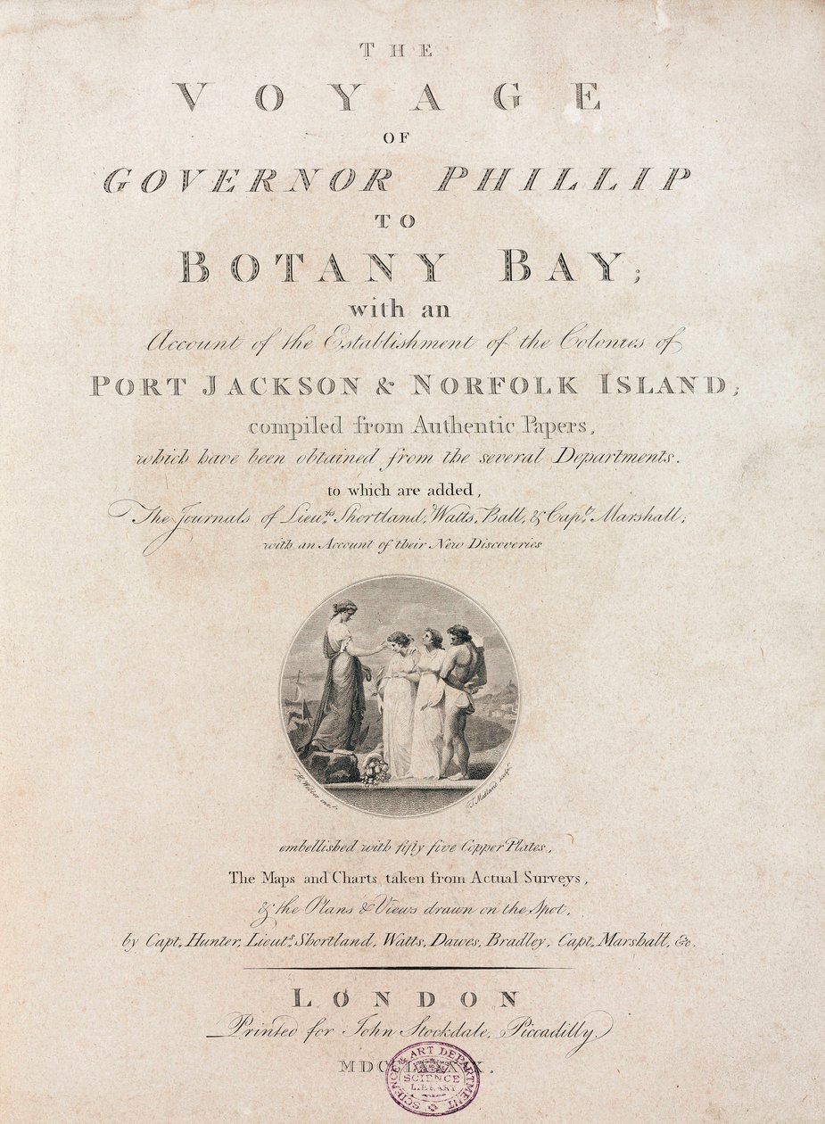 'Vali Phillip'in Botanik Körfezi'ne yolculuğu'ndan başlık sayfası, c 1789 by Unbekannt