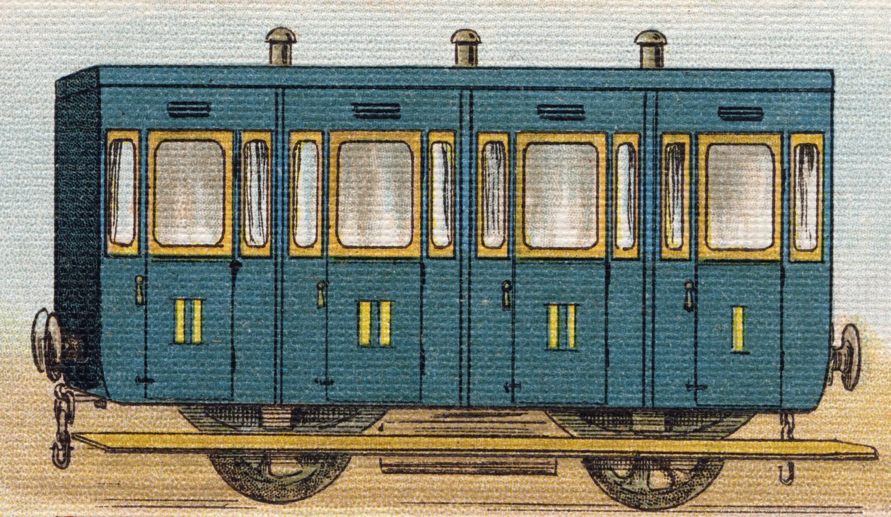 Tren vagonu. "Alphabet de ma petite fille" gravürü. Bernardin-Bechet ve Fils, kitapçı-yayıncılar, Paris, 1895 civarı. Tuval üzerine kırılmaz albüm. Bibliotheque des Bebes. 12 sayfa. Bir okuma yöntemi ve açıklayıcı bir abecedary içeren albüm. D by Unbekannt