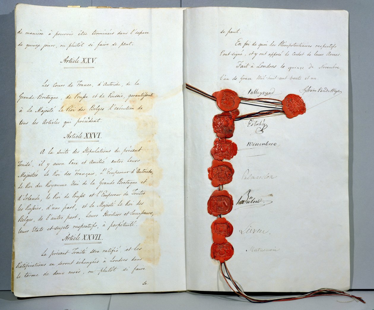 Belçika'yı Egemen Devlet olarak kuran Antlaşma, 15 Kasım 1831'de Londra Konferansı'nda imzalandı (kalem ve mürekkep ve kağıt üzerinde mum) by Unbekannt