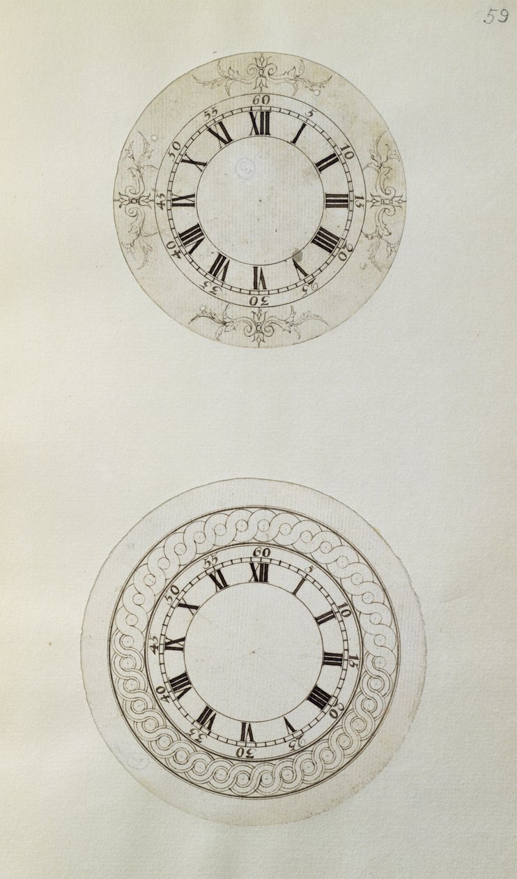 John Harrison (1693-1776) ve oğlu William (c.1726-72) tarafından derlenen mekanik notlar ve çizimlerden büyük emaye saat kadranları için iki tasarım (kağıt üzerine kalem ve mürekkep) by Unbekannt