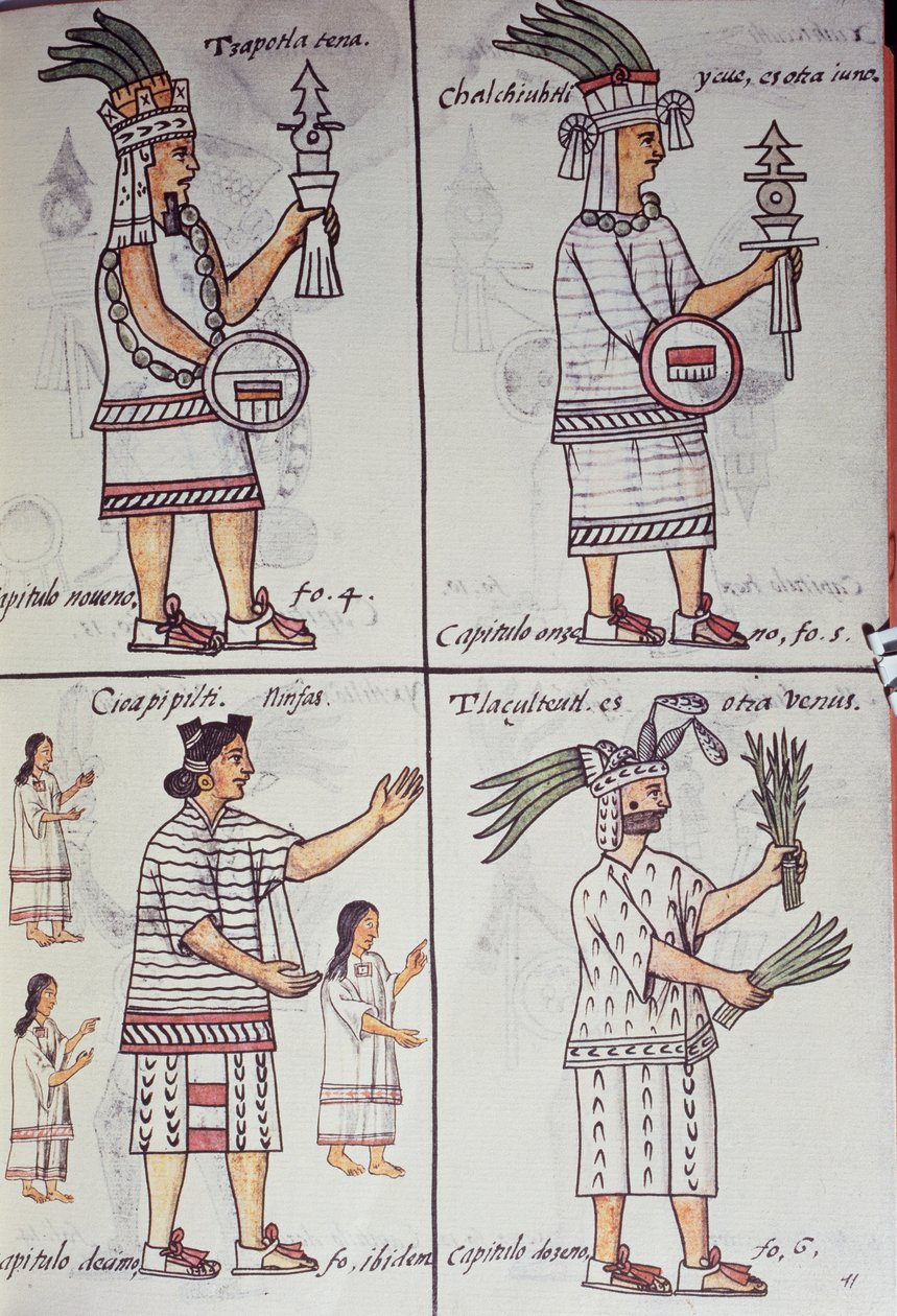 Tzapotlatena, Chalchiuhtlatonal, Cioapipitli ve Tliltecuhtli, Florentine Codex, İspanyolca ve Nahuatl'da iki dilli versiyon, Yeni İspanya Şeylerinin Genel Tarihi, Aztek by William M. Timlin