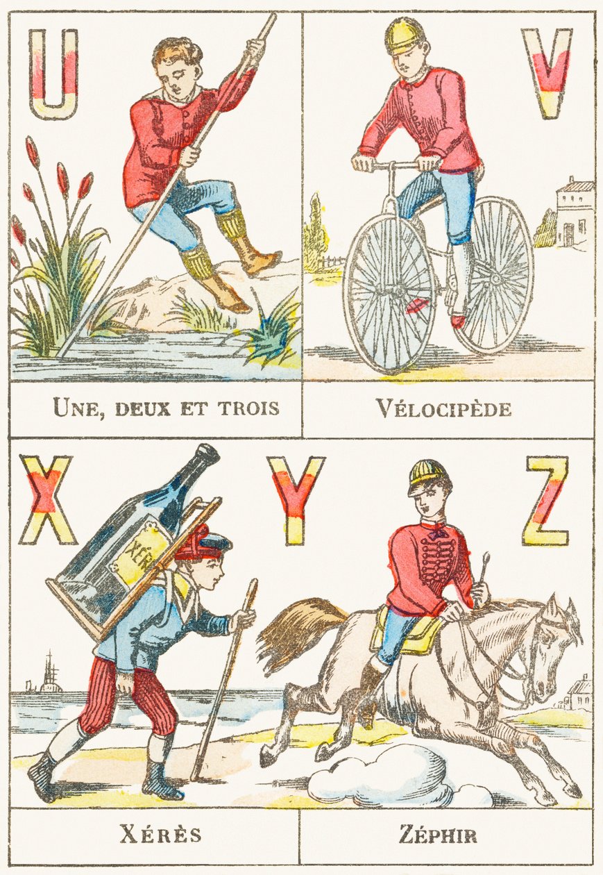 UVXYZ; U: Bir, iki ve üç; V: Velocipede; X: şeri; Z: Zephir - Oyunlar Alfabesi, c.1890 (gravür) by Unbekannt