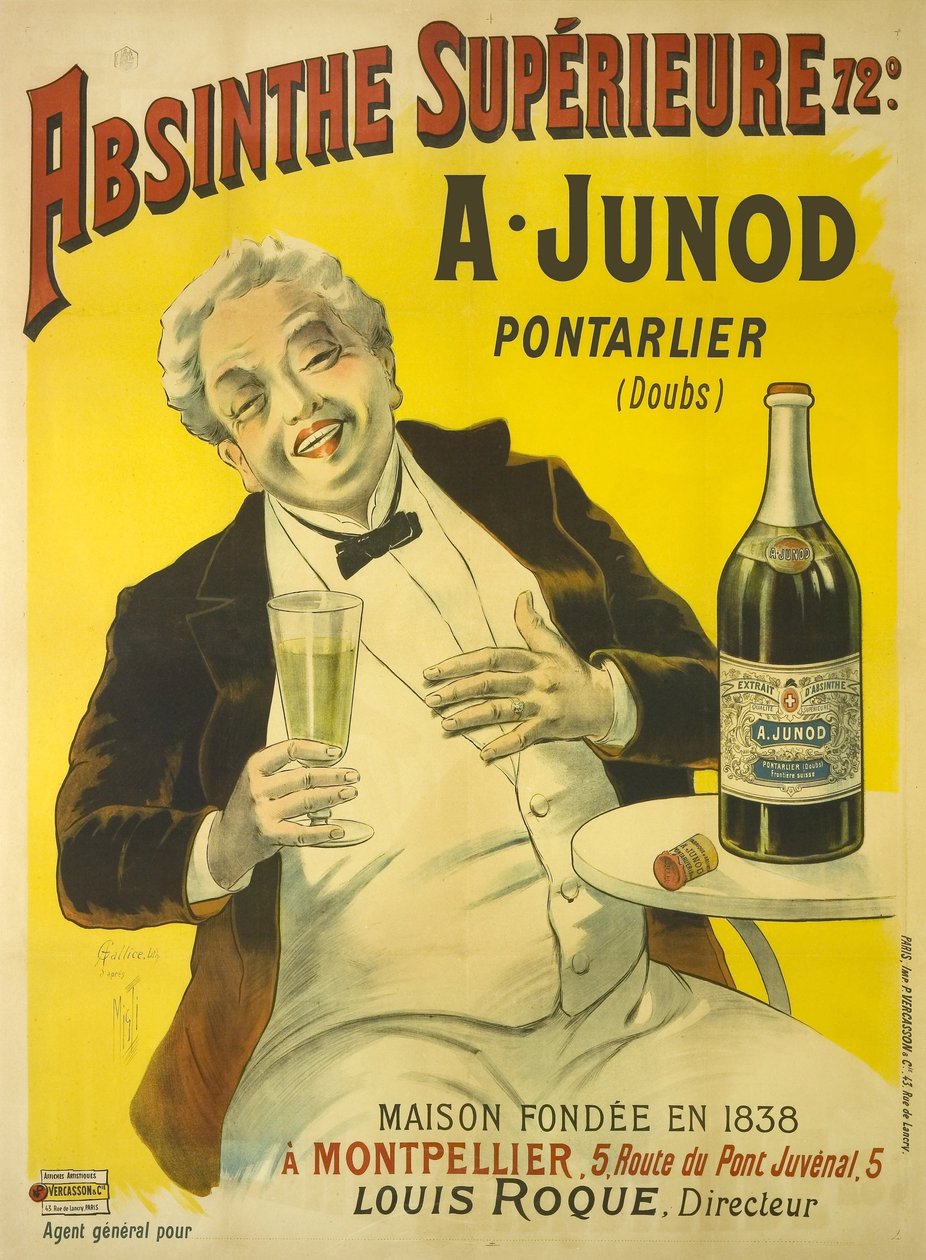 Bistro terasında oturan bir adam bir bardak absinthe içerken kahkahayı patlatıyor. by Unbekannt