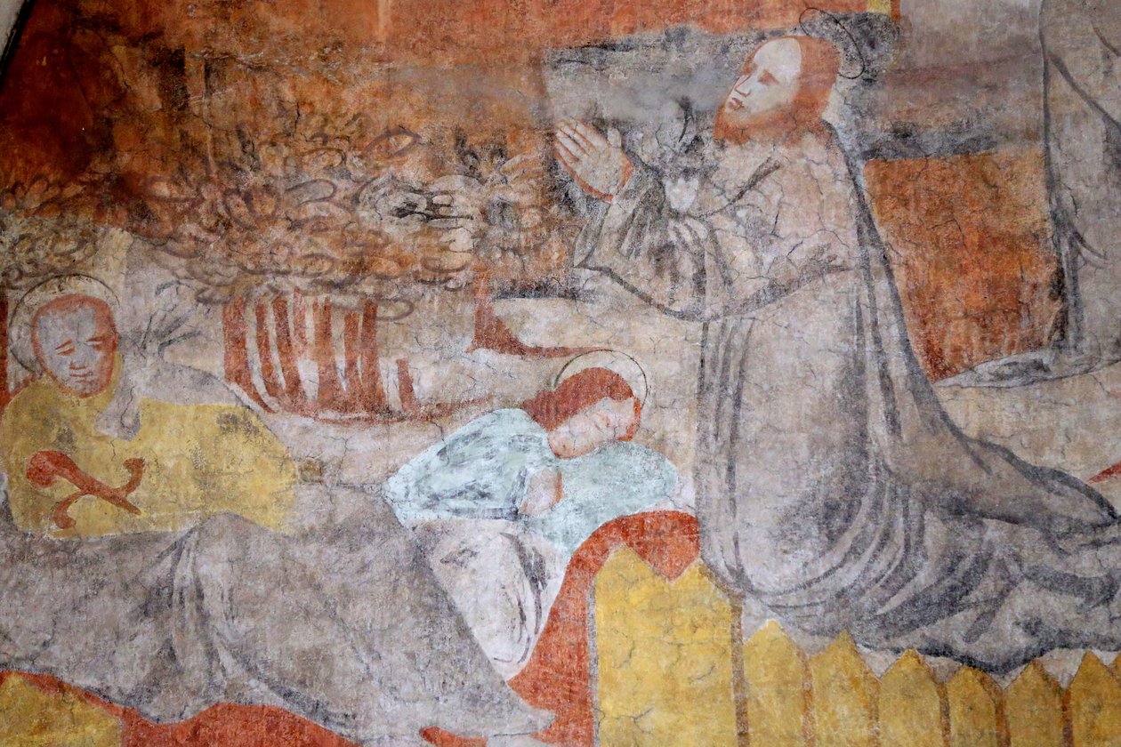 Vault de Lugny kilisesi. 16. yüzyıl duvar resmi. Mesih tutkusu içinde. Gethsemane, İsa dua ediyor, bu arada öğrenciler dinleniyorlar. Fransa Â by Unbekannt