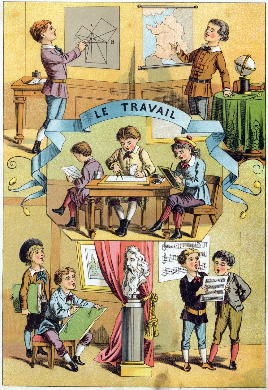 Sınıfta çalışın. "Alphabet des petits ecoliers" de gravür. Epinal