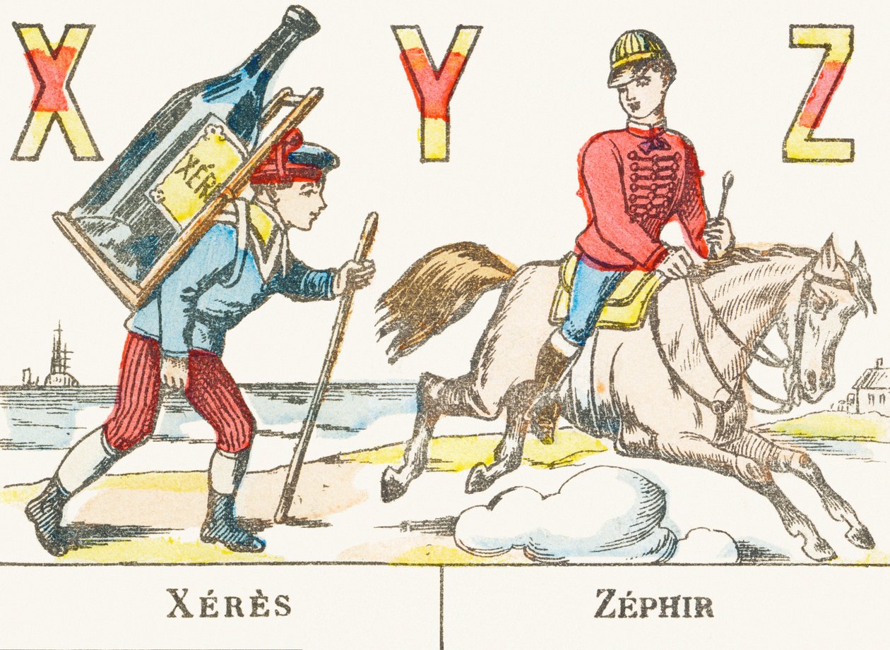 X Y Z : Xeres, Zephir - bir çocuk sırtında büyük bir şarap şişesi tutuyor ve bir binici Zephyr adlı atında dörtnala gidiyor - Oyunlar Alfabesi, c.1890 (gravür) by Unbekannt