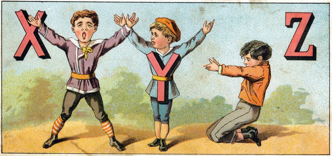 Vücut pozisyonuna göre taklit edilen X Y ve Z harfleri. "Alphabet des petits ecoliers" de gravür. Epinal