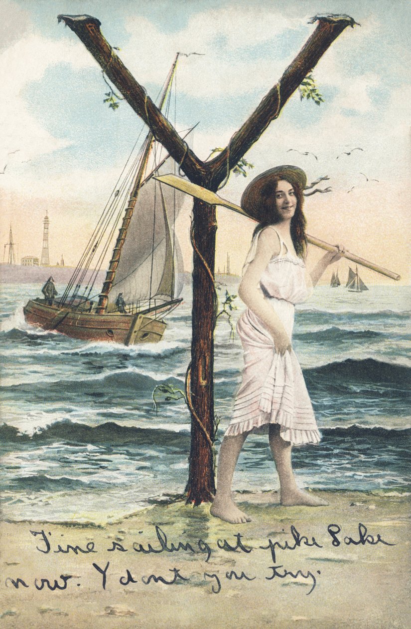 Y: Kısa kolsuz elbiseli çıplak ayaklı bir kadın, sol omzunun üzerinden bir kürek tutuyor. Deniz dekoru - Alfabe karakterleri Ref Th. E., L. Theochrom - Serie 994. Theodor Eisman, yayıncı, Leipzig by Unbekannt