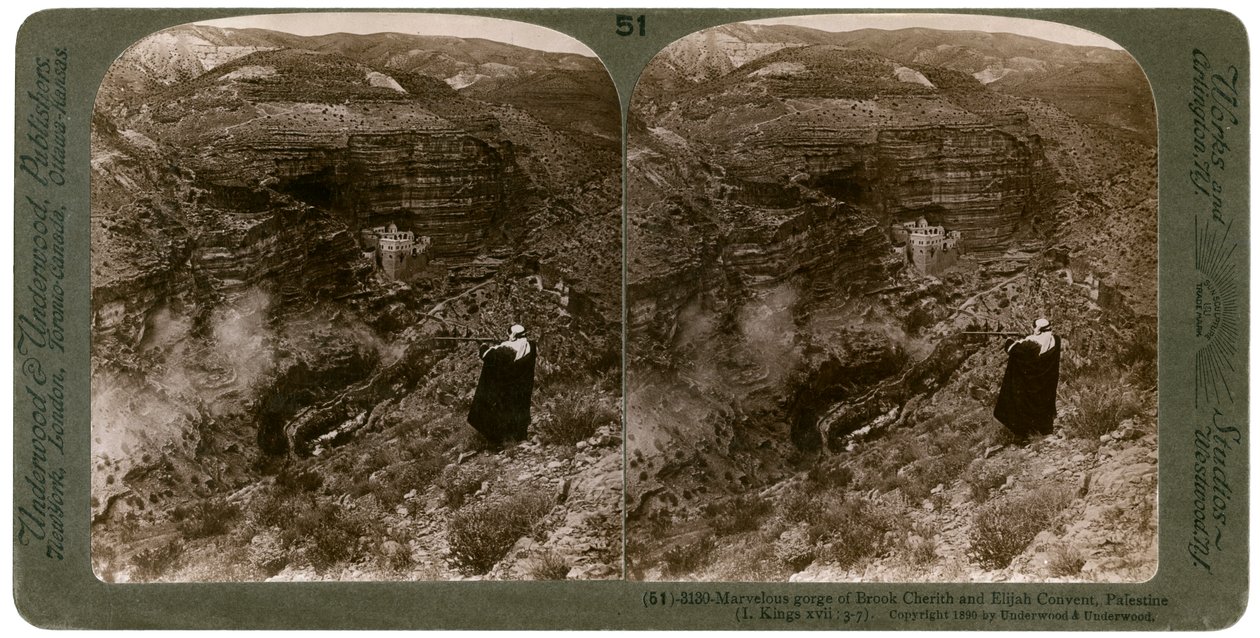 Brook Cherith ve Elijah Manastırı geçidi, Filistin, 1890. by Underwood and Underwood