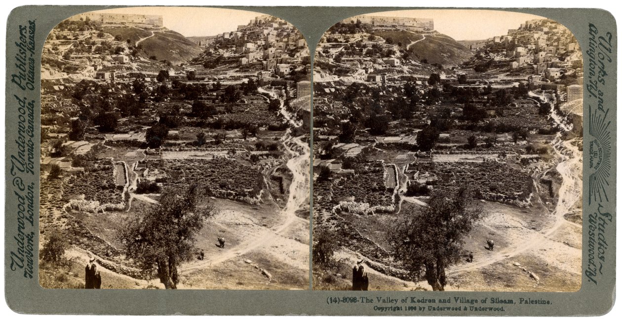 Kedron vadisi ve Siloam köyü, Kudüs duvarının dışında, Filistin, 1896. by Underwood and Underwood