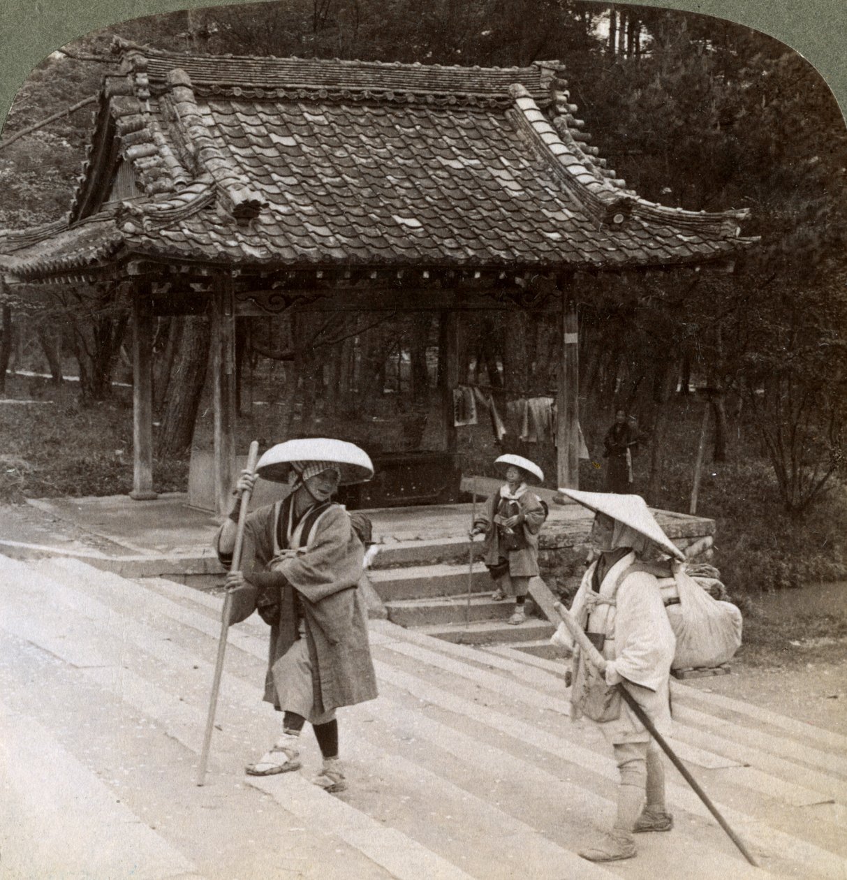 Women pilgrims on the steps of Omuro Gosho east, Kyoto, Japan, 1904 by Underwood and Underwood