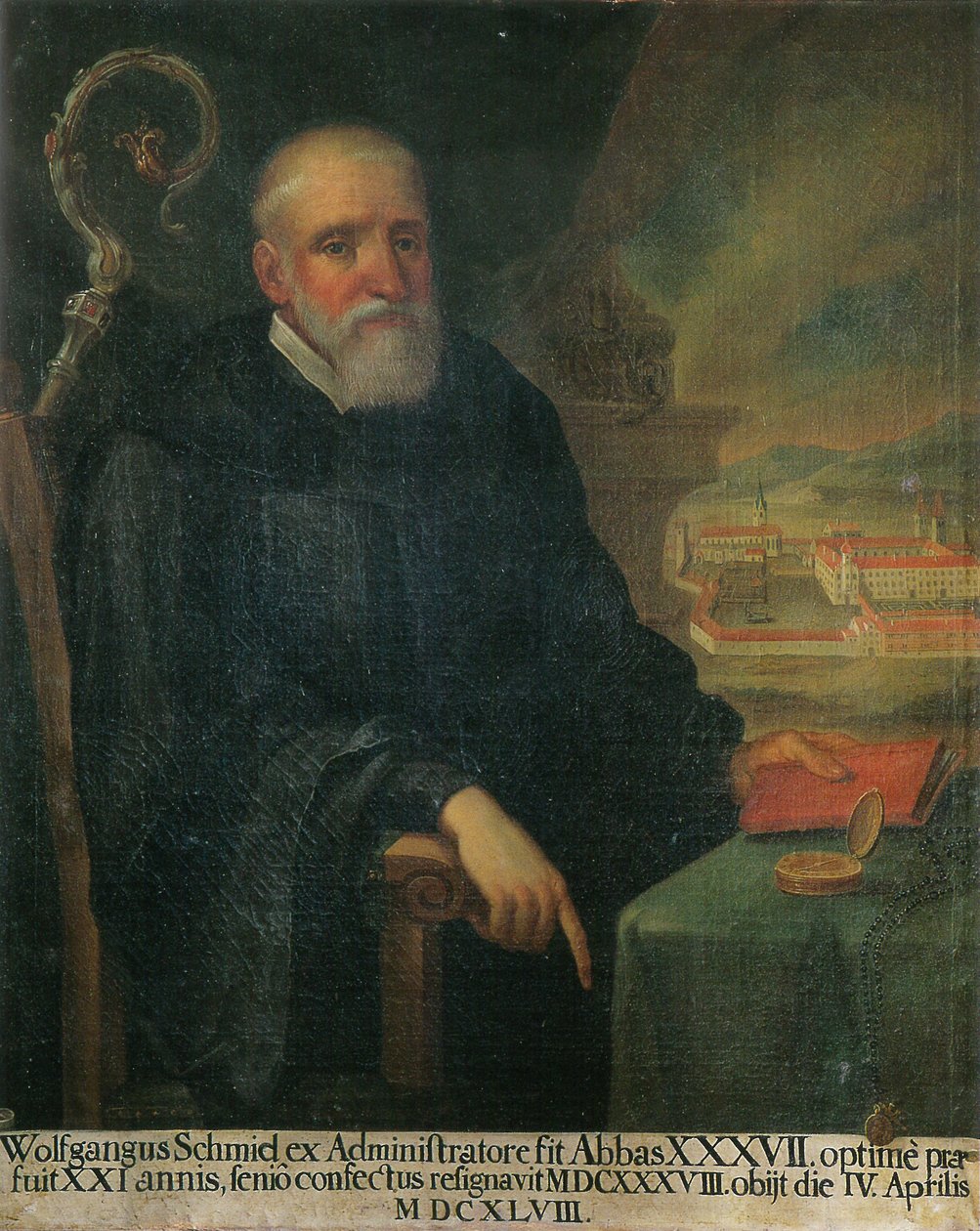 37. başrahip Wolfgang Schmid, arka planda St. Georg (Isny) manastırının bir görünümü by Unknown