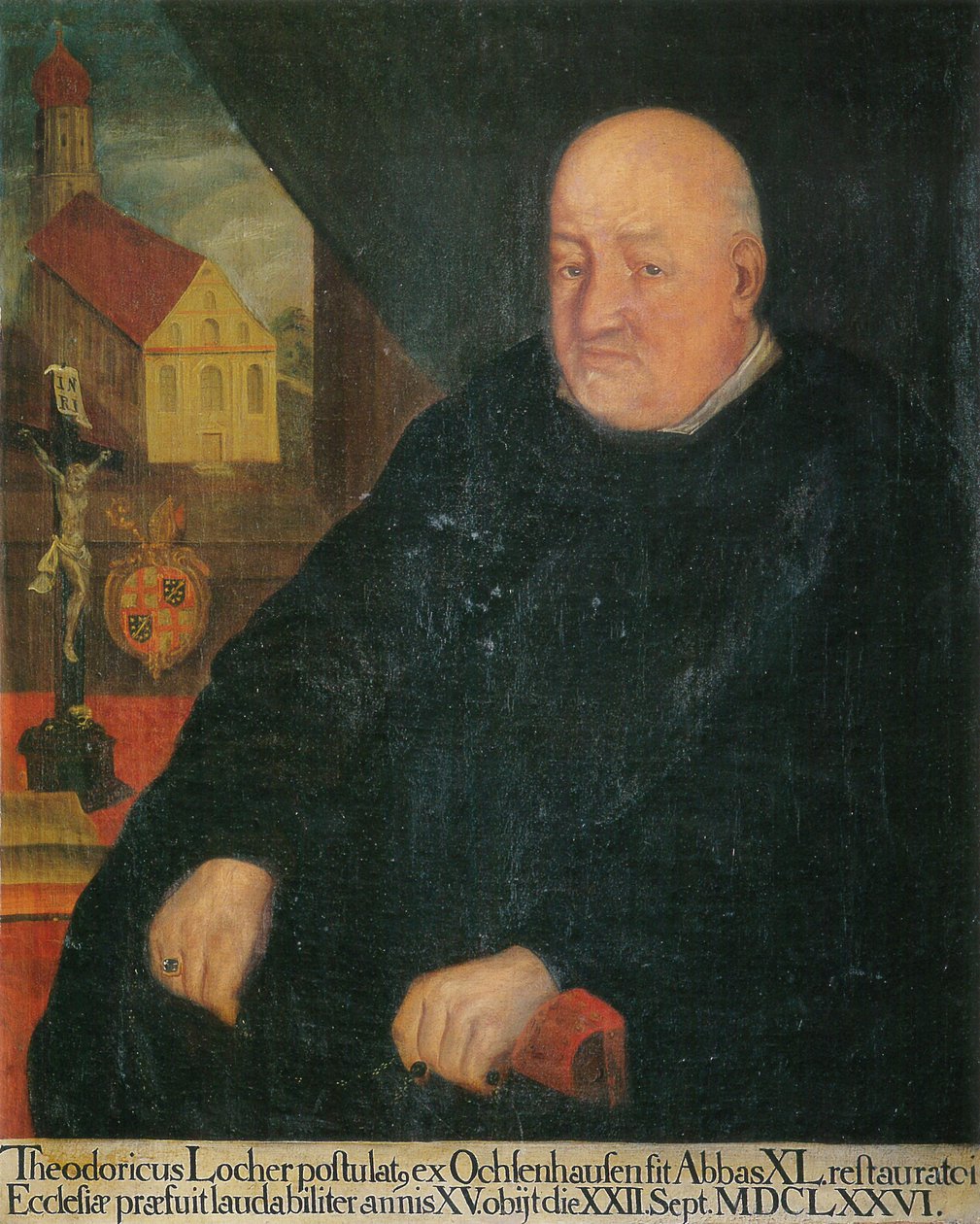 40. başrahip Theoderich Locher, arka planda St. Georg Isny ​​manastır kilisesi by Unknown