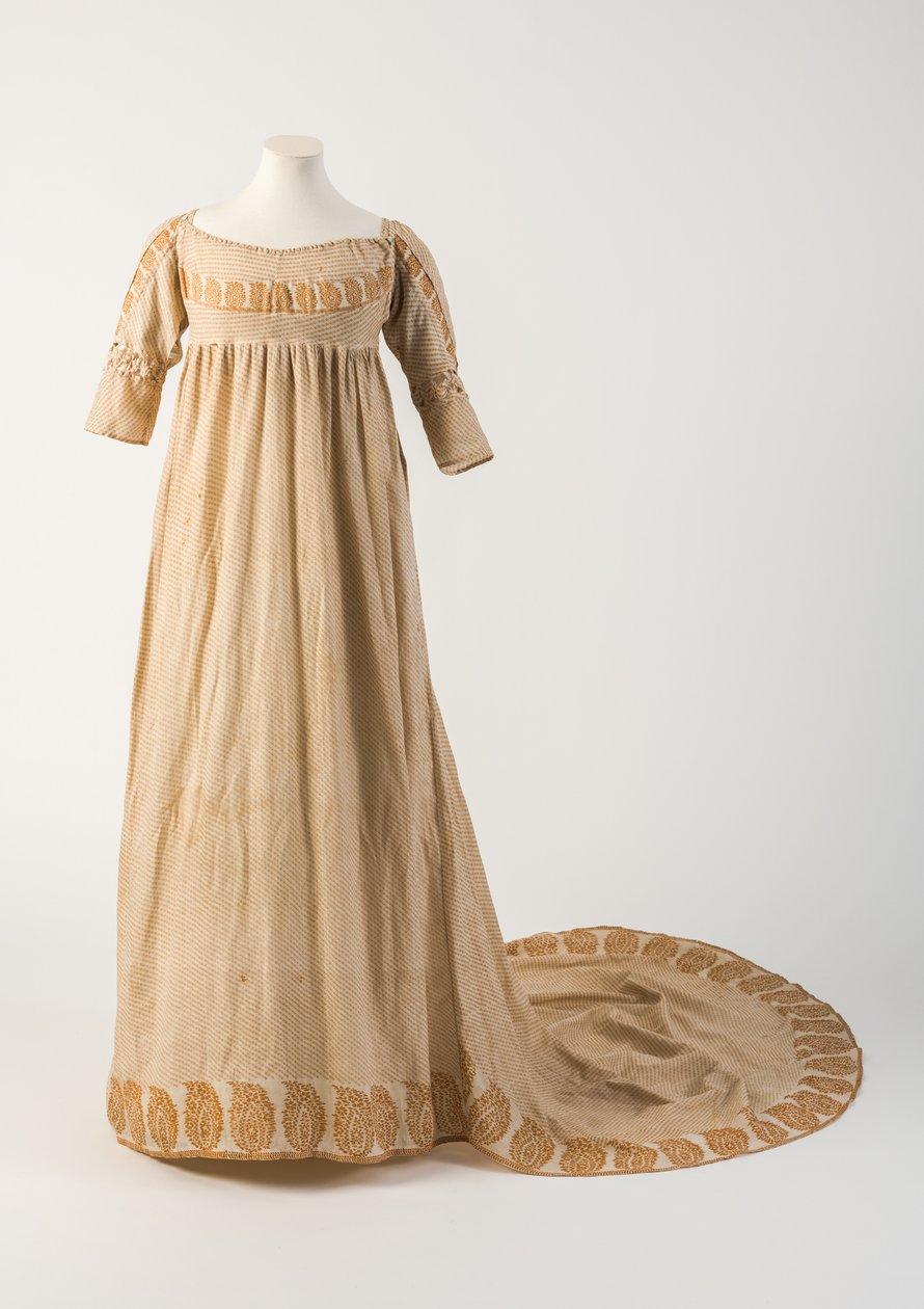 Çam kozalağı veya patka motifli, turuncu sarı baskılı pamuklu elbise, 1800 (pamuk) by Unbekannt Unbekannt