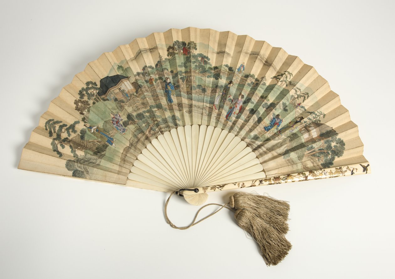 Peyzajda Japon figürleri olan baskılı kağıt yelpaze, 1880